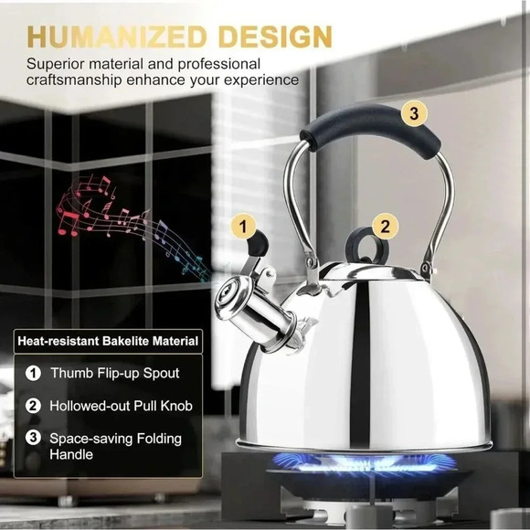 Tea Kettle Stovetop 2.64QT Whistling Stainless Steel Cool Grip Bakelite Handle - Picture 7 of 12